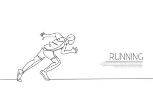 Single continuous line drawing of young agile man runner focus to sprint run. Individual sport, competition concept. Trendy one line draw design vector illustration for running tournament promotion