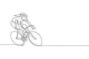 una línea continua dibujando una joven corredora de bicicletas deportiva pedaleando su bicicleta tan rápido. concepto de ciclista de carretera. gráfico dinámico de ilustración vectorial de diseño de dibujo de una sola línea para póster de competición de ciclismo vector