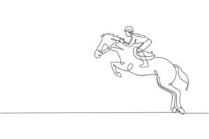 un dibujo de una sola línea de un joven jinete que realiza una prueba de salto de doma ilustración gráfica vectorial. concepto de competición de espectáculo deportivo ecuestre. diseño moderno de dibujo de línea continua