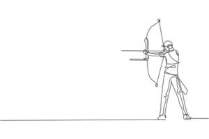 One single line drawing of young archer man focus exercising archery to hit the target vector graphic illustration. Healthy refresh shooting with bow sport concept. Modern continuous line draw design