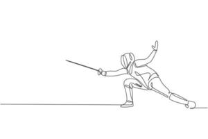 One continuous line drawing of young woman fencing athlete practice fighting on professional sport arena. Fencing costume and holding sword concept. Dynamic single line draw design vector illustration