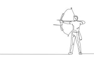 Single continuous line drawing of young professional archer man focus aiming archery target. Archery sport exercise with the bow concept. Trendy one line draw design graphic vector illustration