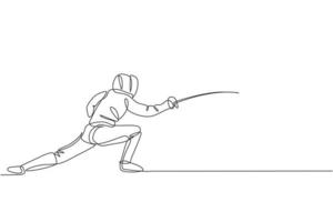 One single line drawing of young man fencer athlete in fencing costume exercising motion on sport arena vector illustration. Combative and fighting sport concept. Modern continuous line draw design