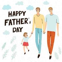 Vector colorful greeting card with illustration of two dad with their daughter and hand drawn lettering - Happy Father Day. Typography design for postcard, banner, poster, Social Media post design