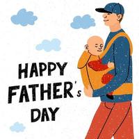 Vector colorful greeting card with illustration of dad with his child and hand drawn lettering - Happy Father Day. Typography design for postcard, banner, poster, Social Media post design