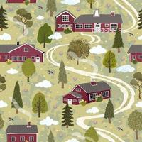 Vector seamless background with colorful illustration of summer landscape with a house in the Scandinavian style. Use it for wallpaper, pattern fills, surface textures, textile print, wrapping paper