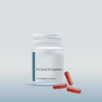 Pills for covid-19 treatment. Realistic plastic bottle for pills or capsules. Vector illustration