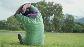 femme âgée en surpoids active étirant ses bras l'épaule assise sur la pelouse après l'exercice au parc extérieur, vieillesse motivation de vie saine après la retraite, assurance-vie, âge moyen