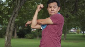 Asian mature man doing arm shoulder muscle stretching before exercise Inside public park with trees and green grass, morning exercising routine, active Motivation after retirement life, body condition video