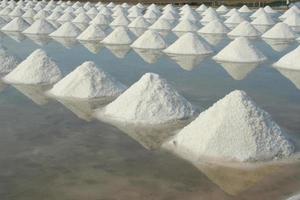 hileras de montones de sal en salt-farm, tailandia. foto