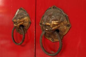 Brass door knobs are on red door and shape tiger head, the door knobs are design chinese style in shrine, Thailand. photo