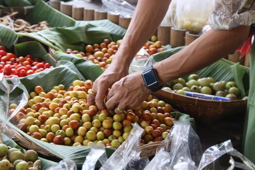 la mano del hombre está seleccionando manzanas de mono en la cesta. foto