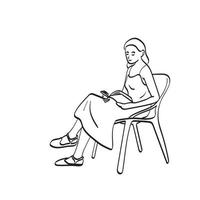 arte de línea mujer leyendo libro en silla con copia espacio ilustración vector dibujado a mano aislado sobre fondo blanco