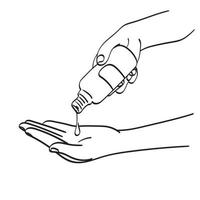 línea arte desinfectante de manos alcohol gel frotar manos limpias higiene prevención de brote de virus coronavirus ilustración vector dibujado a mano aislado sobre fondo blanco