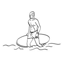 línea arte hombre sosteniendo tabla de surf en la playa ilustración vector dibujado a mano aislado sobre fondo blanco