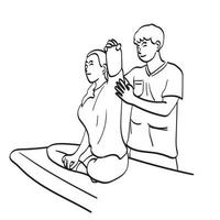fisioterapeuta masculino que trabaja con el vector de ilustración del paciente dibujado a mano aislado en el arte de línea de fondo blanco.