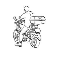 vista trasera hombre con su motocicleta con su equipaje o en la parte posterior ilustración vector dibujado a mano aislado en el arte de línea de fondo blanco.