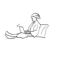 mujer de arte de línea relajándose en el hotel y trabajando con una computadora portátil en una cama después de una ducha con albornoz ilustración vectorial dibujada a mano aislada en fondo blanco vector