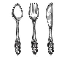 Spoon, fork and knife hand drawn illustration. vector