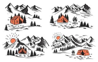 Camping in nature, Mountain landscape, sketch style. vector