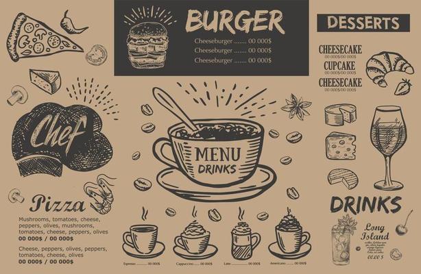 Restaurant menu, template design.. Food flyer. Hand-drawn style. Vector illustration.
