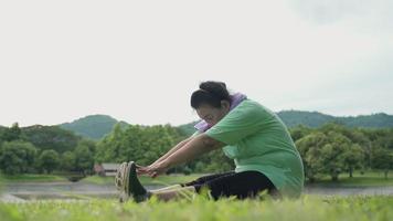 mulher idosa obesa ativa asiática esticando as pernas da mão aos pés, sente-se no campo de grama após o exercício no parque ao ar livre, motivação de vida de autocuidado de velhice após a aposentadoria, seguro de saúde de vida video
