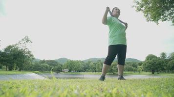 Asian chubby senior woman doing standing warm up exercise at the park with lake and mountain turning body hips full stretch, self-care motivation after retirement life, health care concept, wide shot