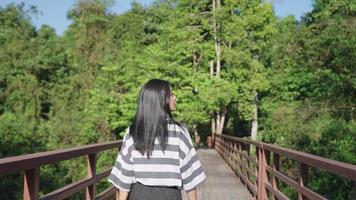 Aziatische jonge vrouw die geniet van een omringend uitzicht tijdens het wandelen op een houten brug in het nationaal park, zomerwandelpadactiviteit, genietend van een groene, frisse omgeving, gezond zijdezwart haar glanzend video