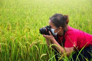 An asian senior wears jeans, red t-shirt, mask and holds digital camera to shot the ears of rice in the green rice paddy field happily. Soft and selective focus, happy life after early retire concept. photo