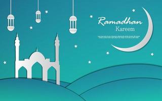 Ramadhan kareem with mosque paper art style vector