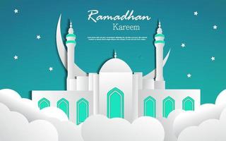 Ramadhan kareem with mosque paper art style vector