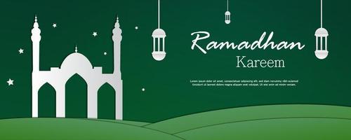 Ramadhan kareem with mosque paper art style vector