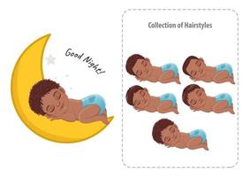 Black Baby Boy Sleeping Collection Cartoon Character Vector