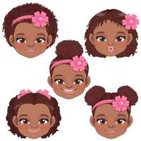 linda colección de cara de niña negra, vector de personaje de dibujos animados africanos americanos