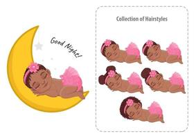 Black Baby Girl Sleeping Collection Cartoon Character Vector