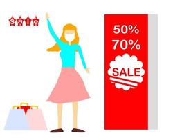 Female seller talking and giving discount to happy contemporary customer while working in modern clothes shop during seasonal sale in mall vector