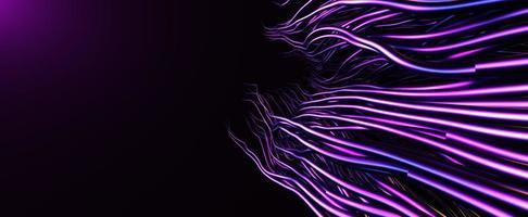 tentáculos abstractos púrpuras en la oscuridad. Las raíces de representación 3d futuristas con luces de neón y azules se extienden hacia la luz brillante. un antiguo monstruo alienígena se acerca a la superficie foto