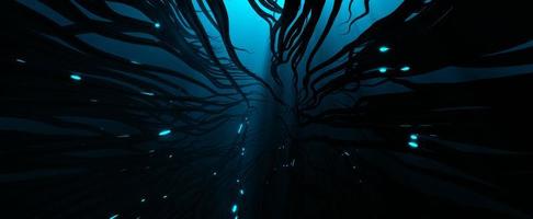 Futuristic roots with blue discharges. Sinister wires from depths charged 3d render with powerful neon energy. Tentacles of an ancient monster rising to surface