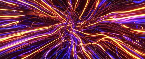 Tangled energy cables with neon glow. Intertwining stream of purple 3d render wires twisted into knot . Futuristic digital communication lines with constant movement and information overload photo