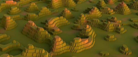 Mountains on green plain cut out of paper. Abstract hills 3d render illuminated by rays of the setting sun. Summer mountainous landscape with beautiful views for tourism photo