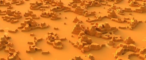 paisaje montañoso del desierto cortado de papel. superficie de arena amarilla caliente con macizos de piedra de renderizado 3d y oasis secos. abstracción natural de cañones y colinas dispersas en el desierto foto
