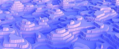 Ice mountains with canyons cut out of paper. Arctic snow covered hills illuminated by 3d render rays of sun. Mountainous icy desert with blue relief massifs photo