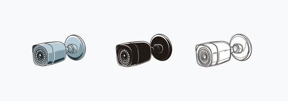 CCTV camera outdoor icons set with tube shape design - colored, silhouette, line icon vector illustrations isolated on white