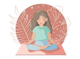 International Yoga Day hand-drawn flat illustration in boho style. A beautiful girl is sitting in a lotus position in tropical plant silhouettes. vector