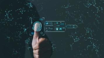 seguridad de la tecnología futura y la cibernética en Internet, el escaneo de huellas dactilares permite el acceso a la seguridad y la identificación de grandes empresas de datos, bancos y computadoras en la nube, ai. foto