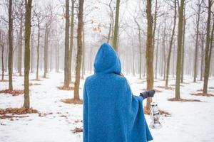 mujer joven con abrigo azul retro camina en el parque de niebla en invierno, fondo de nieve y árboles, concepto de fantasía o hada