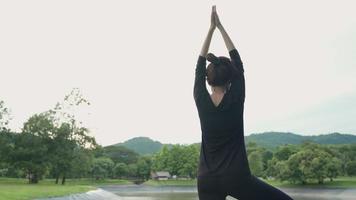 mulher asiática fazendo pose de ioga com lago ao fundo, tempo de relaxamento exercício matinal no parque ao ar livre, equilíbrio de vida mente varinha corpo natureza meditando retiro, cuidados de saúde, vista de trás video