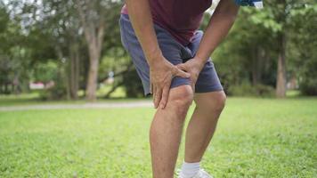asiatischer mann, der während des trainings ein verletztes knie hält, das auf grünem rasen im öffentlichen park mit baumhintergrund steht, gelenkproblem, knieschmerzen im freien, unfallvorsicht beim laufen video