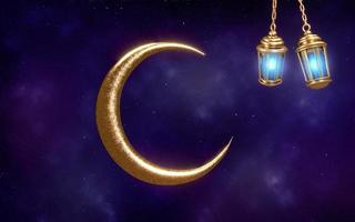 Eid Ramadan Islamic Background empty blue galaxy crescent lamp lantern glow gold bronze greetings festival photo