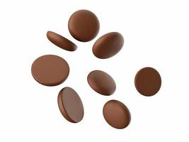 Round Chocolate Chips Falling on white isolated floor 3d illustration